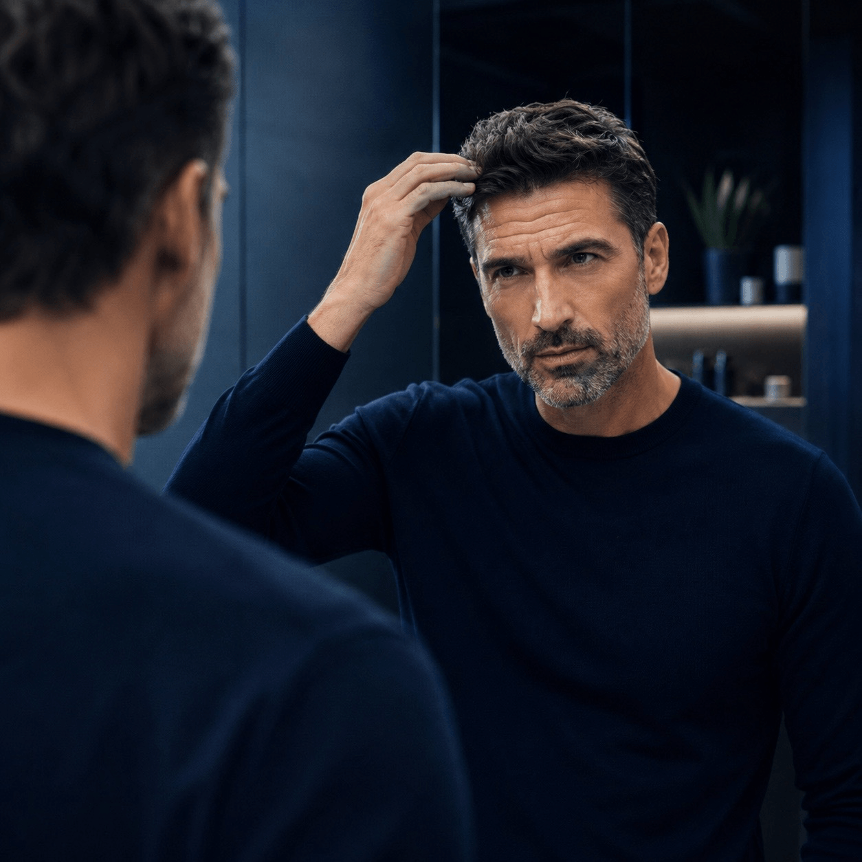 Man checking his hairline in the mirror
