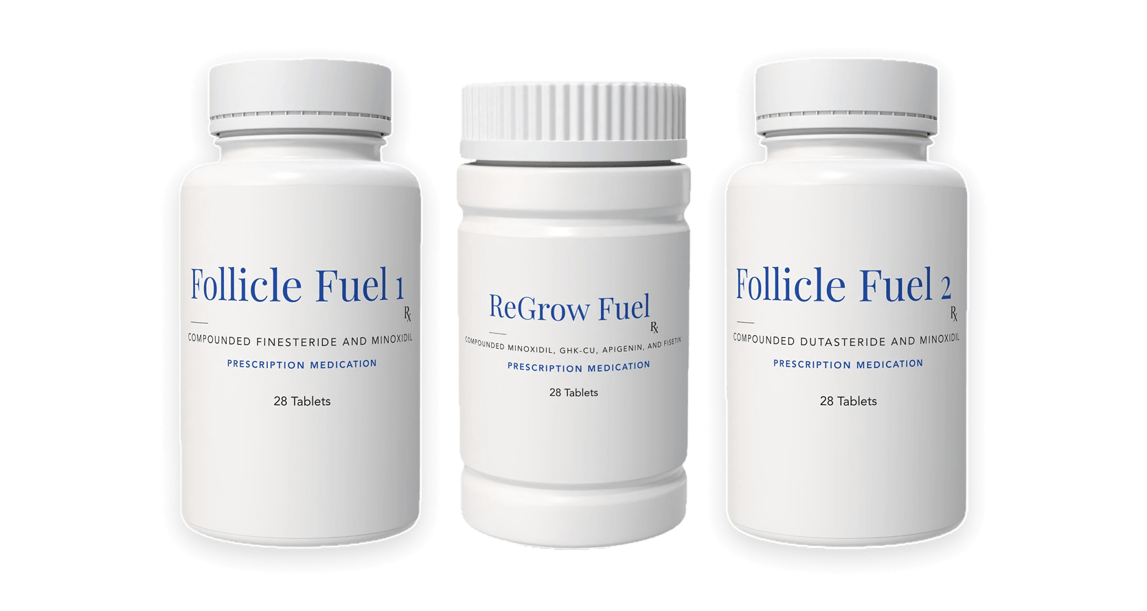 Follicle Fuel 1, ReGrow Fuel and Follicle Fuel 2 tablet bottles