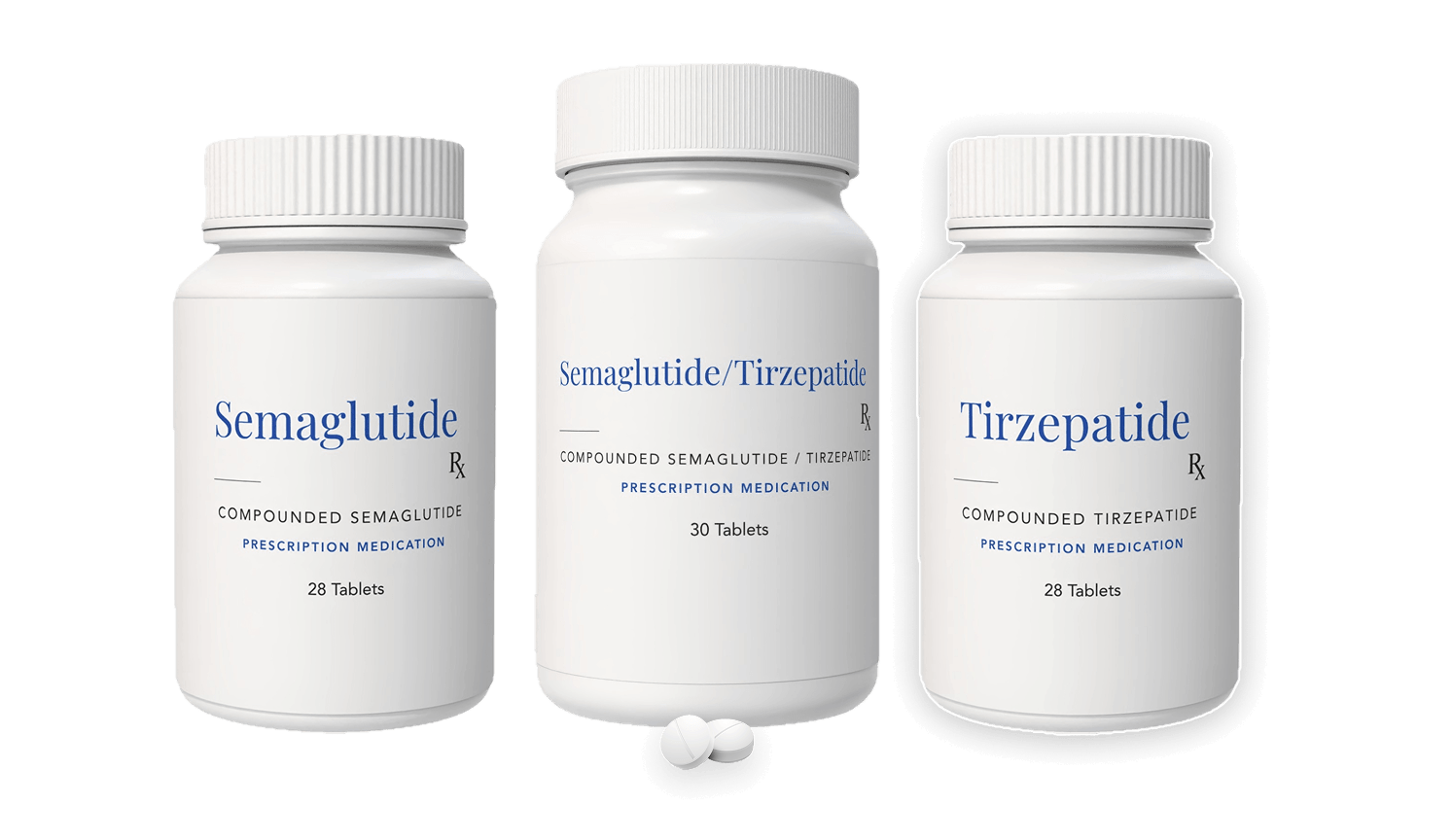 Oral semaglutide, combination and tirzepatide tablet bottles